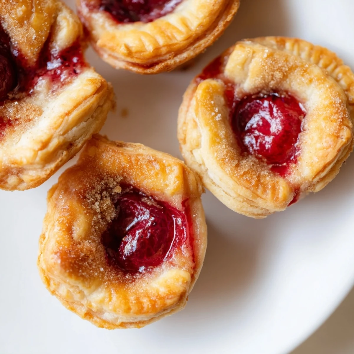 Mini cherry pie bites arranged on serving platter with glossy fruit filling peeking through flaky pastry