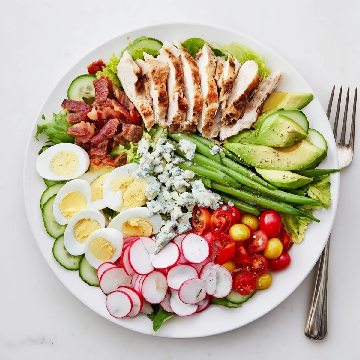 Colorful Spring Cobb Salad topped with hard-boiled eggs, cherry tomatoes, radishes, and creamy blue cheese crumbles