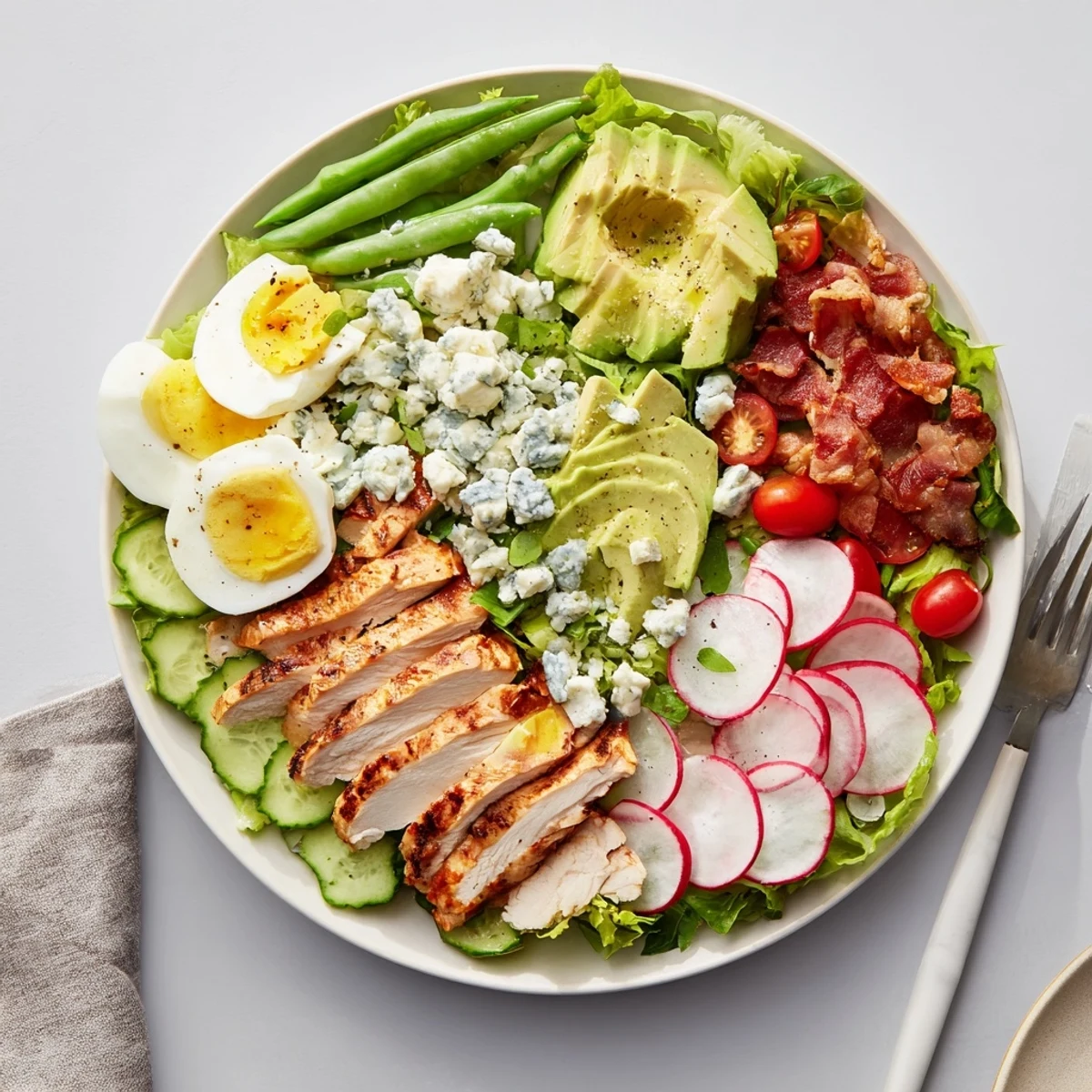 Vibrant Spring Cobb Salad featuring rows of seasonal snap peas, cucumber slices, and sliced avocado over mixed greens
