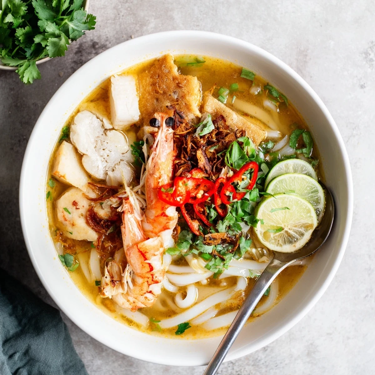 Garnished Banh Canh Cua featuring succulent crab meat, shrimp, and aromatic golden broth