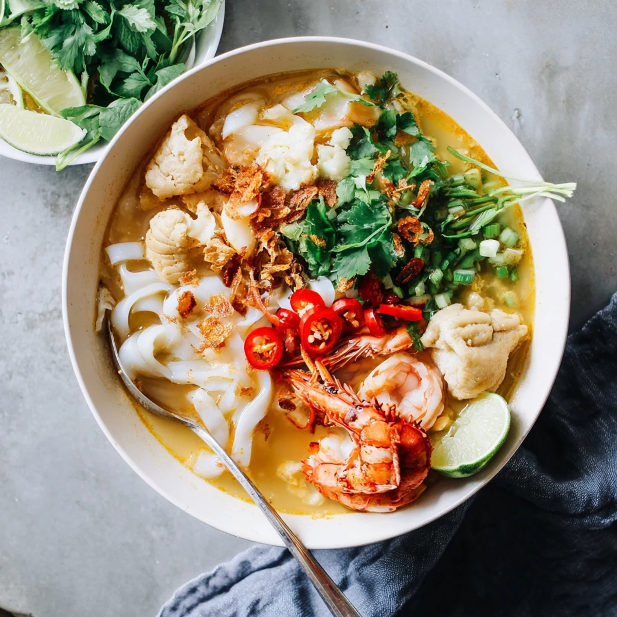 Steaming bowl of Banh Canh Cua Vietnamese crab noodle soup with thick tapioca noodles