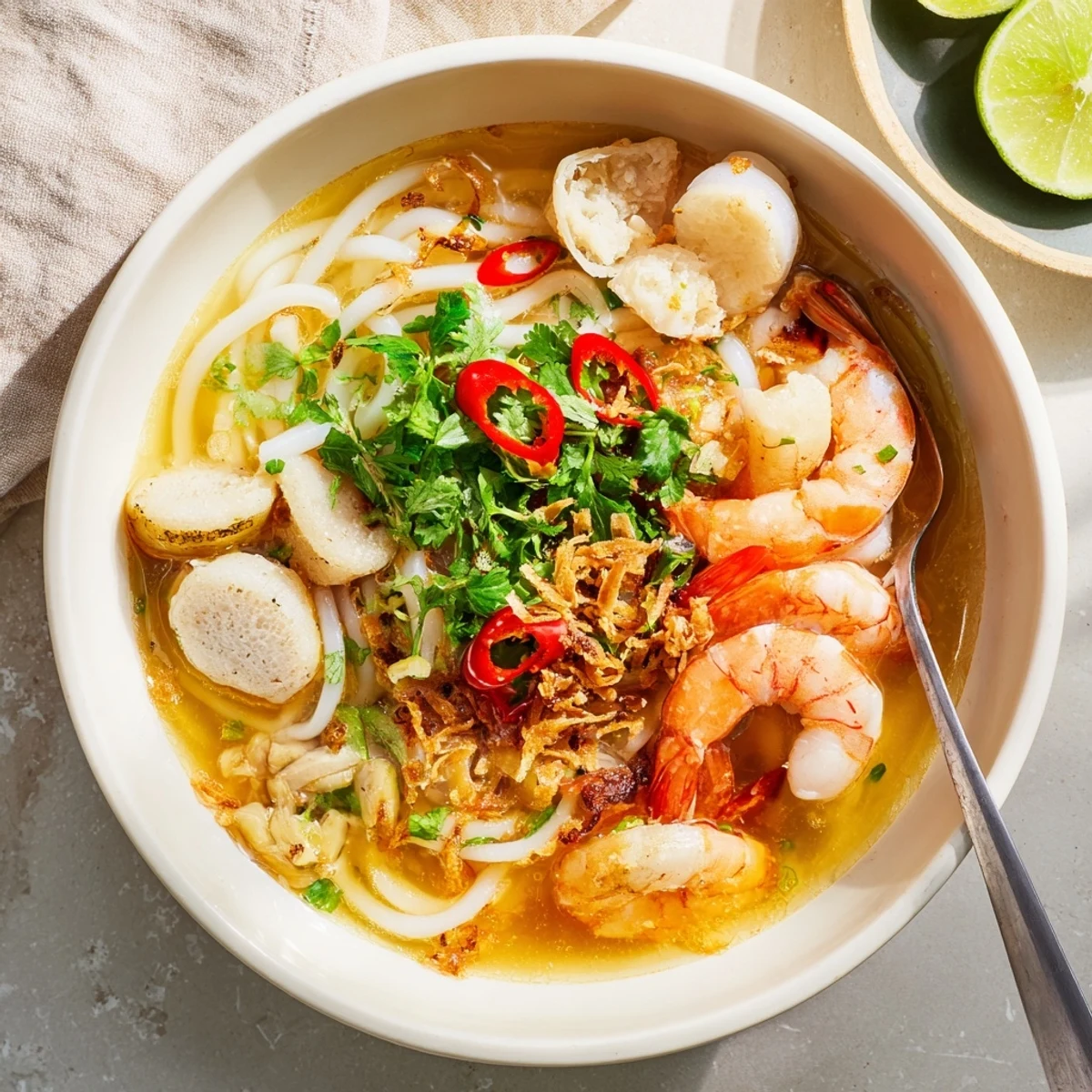 Rich Vietnamese Banh Canh Cua noodle soup topped with cilantro and fried shallots