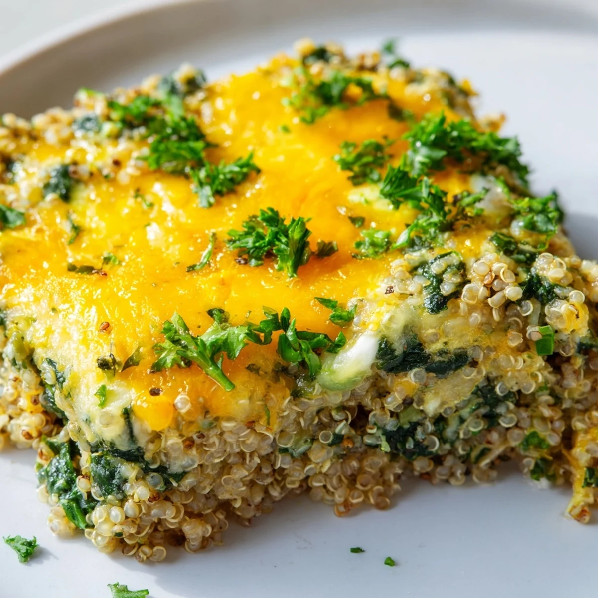 Golden brown quinoa spinach and egg bake with melted cheese topping and fresh parsley garnish