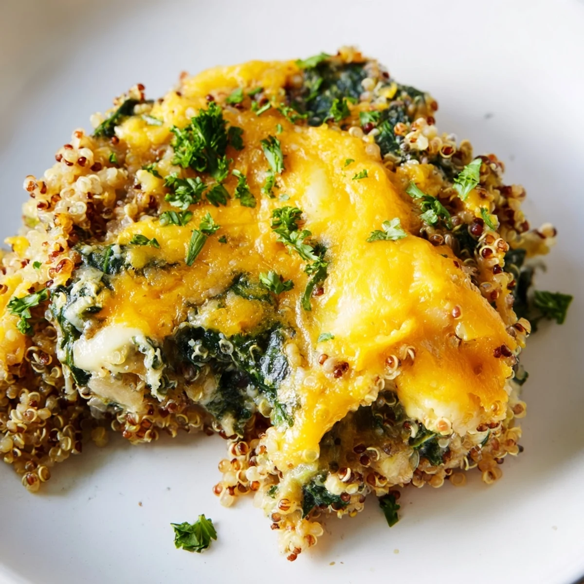 Fluffy quinoa mixed with wilted spinach and baked eggs in a cheesy vegetarian casserole