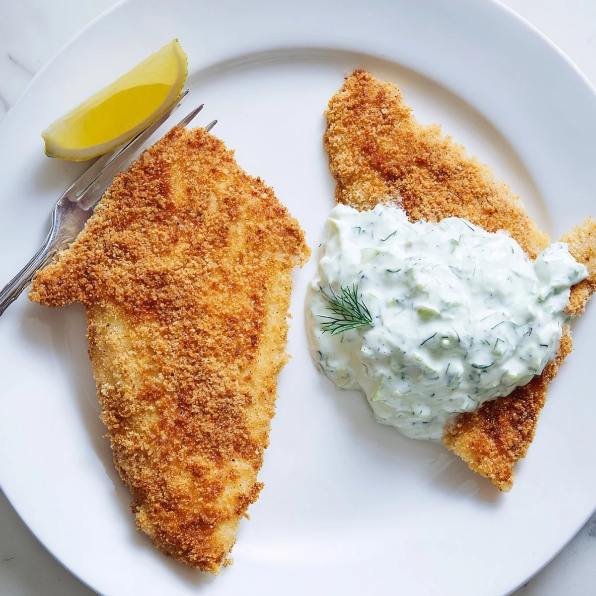 Golden oven baked crumbed fish fillets served with creamy cucumber dill yoghurt sauce