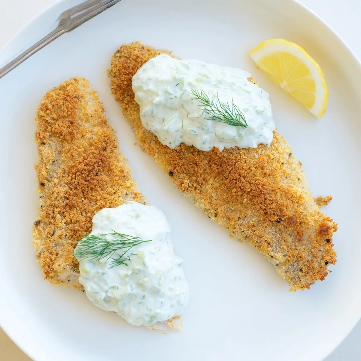 Oven baked fish fillets in seasoned breadcrumbs paired with cool cucumber yoghurt sauce