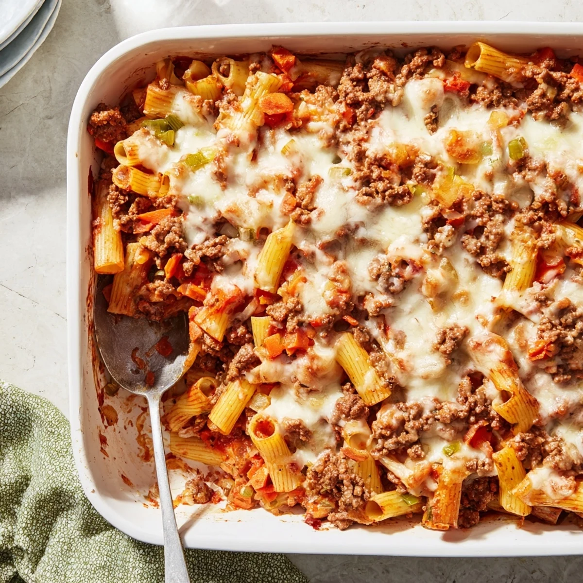 Golden bubbling Bolognese pasta bake fresh from the oven with melted mozzarella topping
