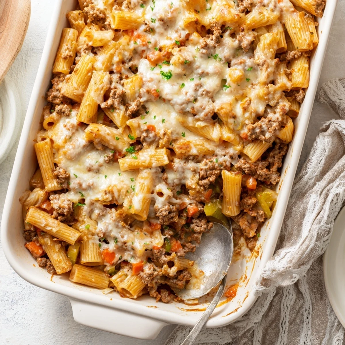 Rigatoni pasta tossed in rich meaty Bolognese sauce and baked until cheese is golden