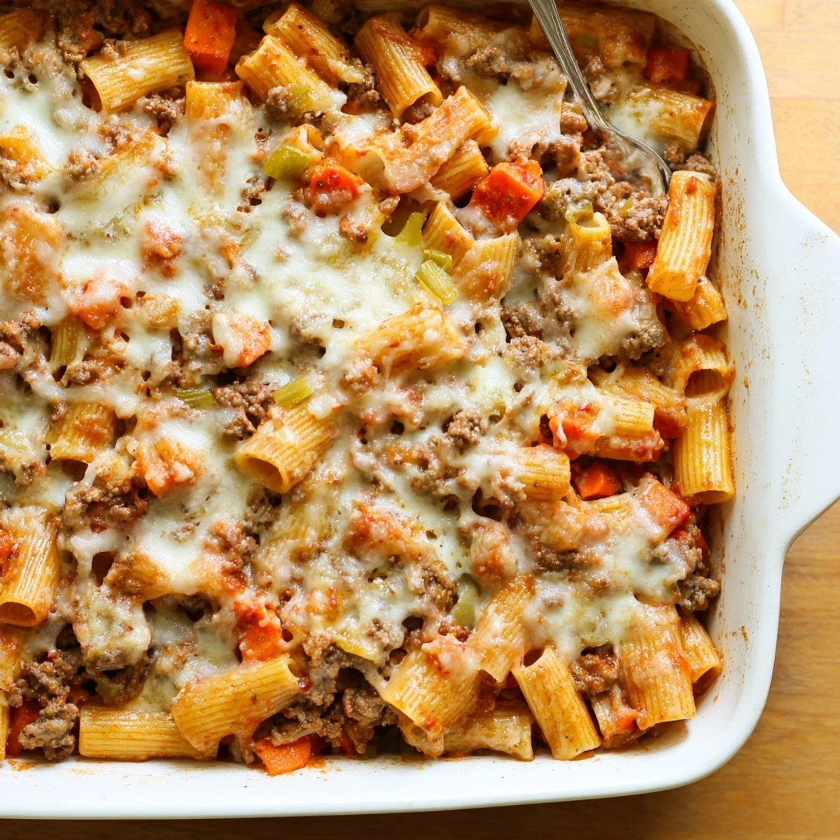 Creamy Bolognese pasta bake with tender ground beef sauce and crispy Parmesan crust