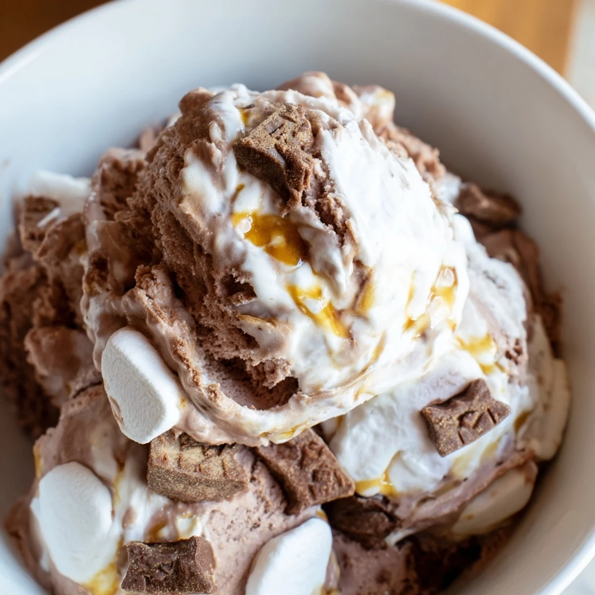 Creamy Ninja Creami Phish Food ice cream swirled with gooey marshmallow fluff, rich caramel ribbons, and chocolate fish pieces on a dessert spoon.