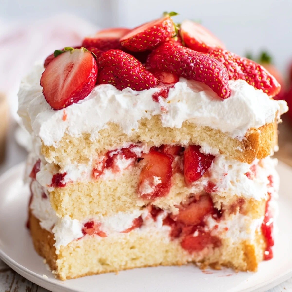 Two-tier strawberry shortcake cake topped with macerated berries and fluffy cream, dusted with powdered sugar