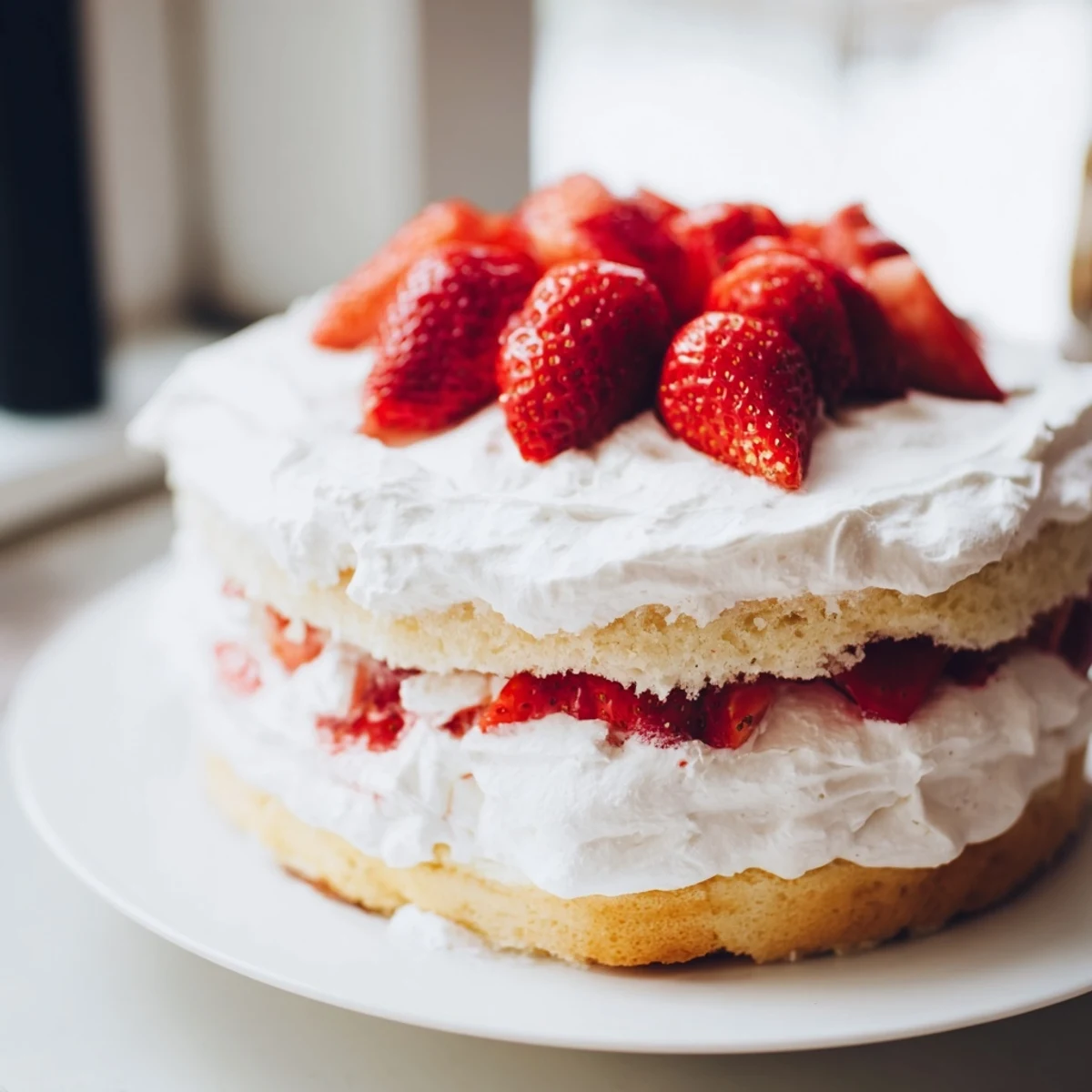 Golden vanilla sponge layered with sweet whipped cream and juicy fresh strawberries on a white serving plate