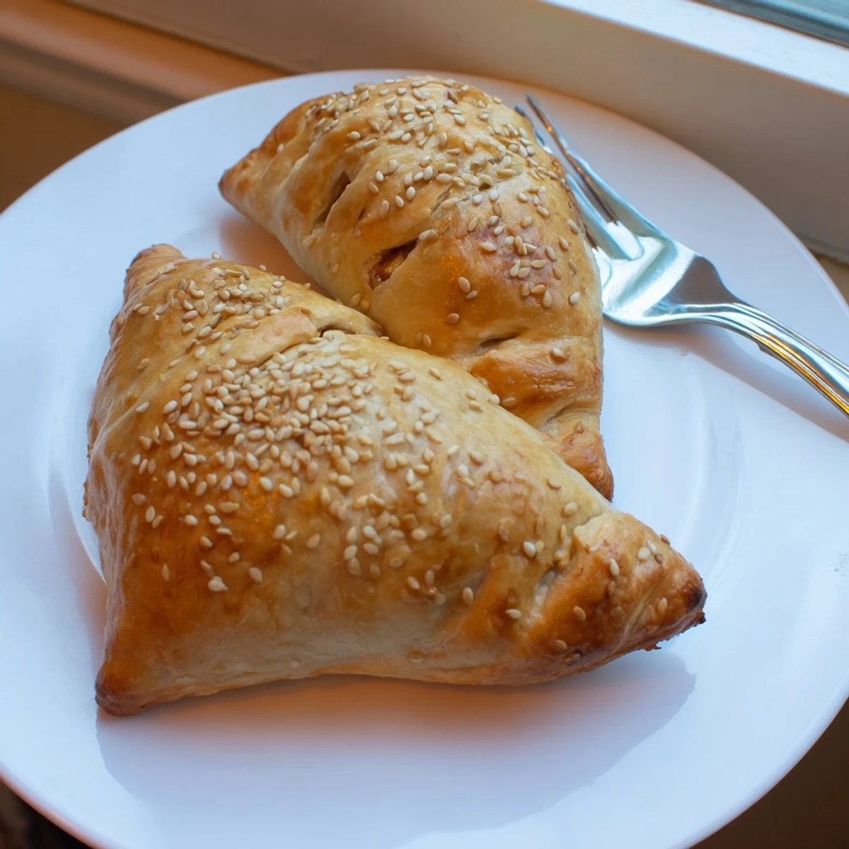 Golden baked cheesy chicken pockets with flaky pastry crust and melted cheddar cheese oozing from the center