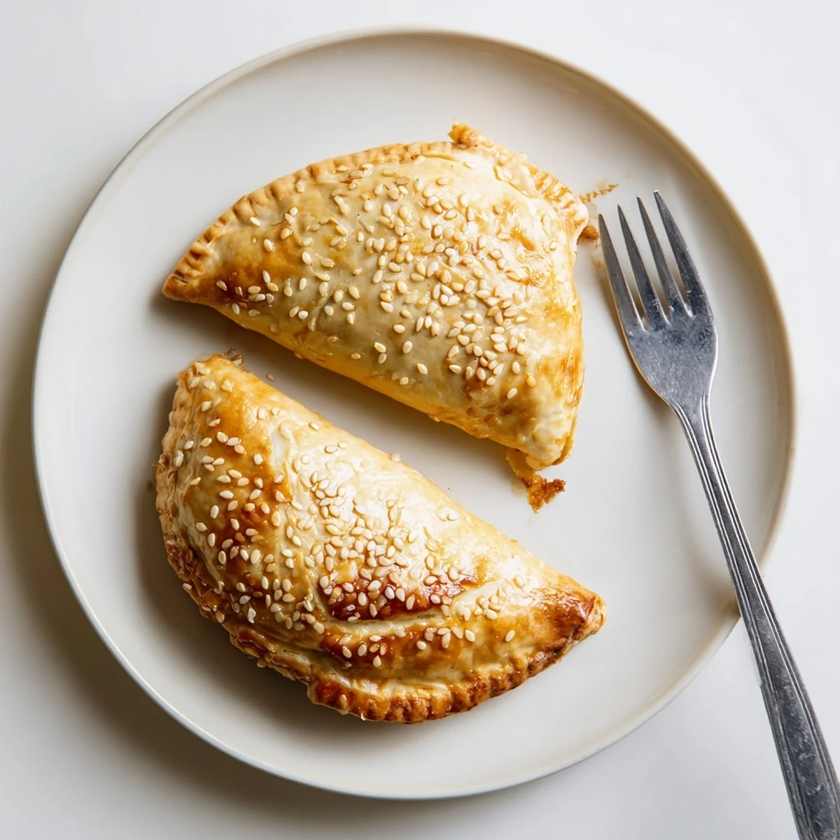 Flaky pastry pockets stuffed with creamy chicken and cheddar filling, sprinkled with sesame seeds and served warm