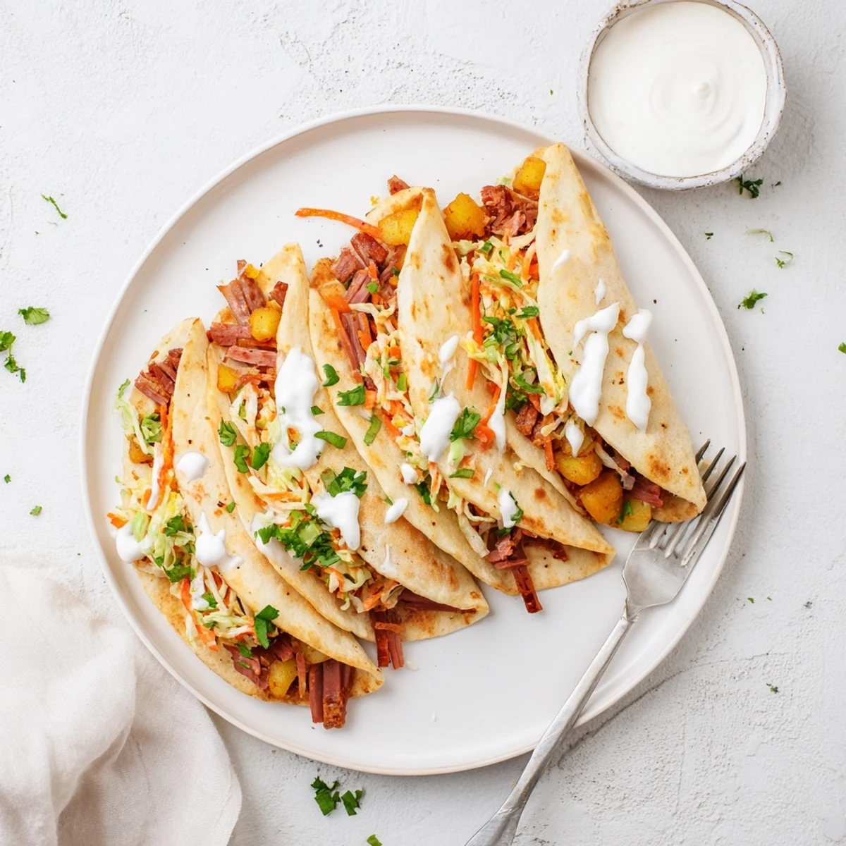 Homemade Irish tacos showcasing shredded corned beef with golden potato cubes and creamy slaw topping