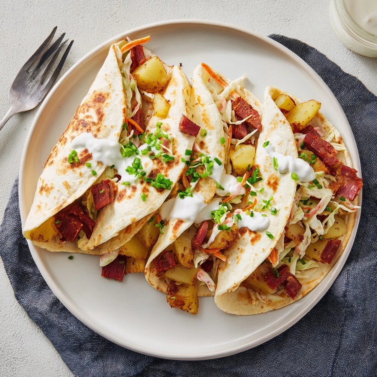 Delicious Irish tacos plated with sour cream drizzle, crispy fried potatoes, and crunchy cabbage slaw