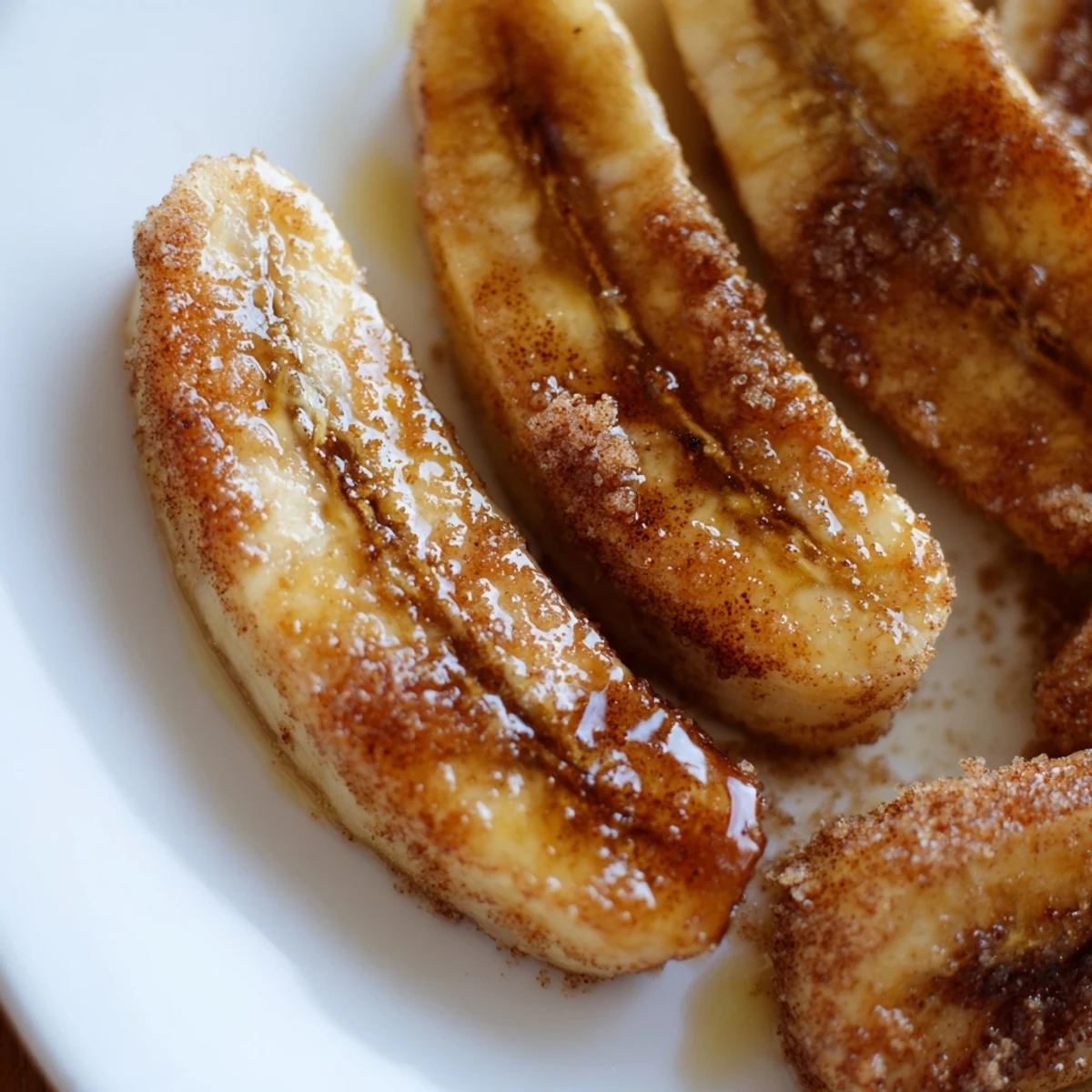 Golden pan fried cinnamon bananas sizzling in butter with caramelized edges