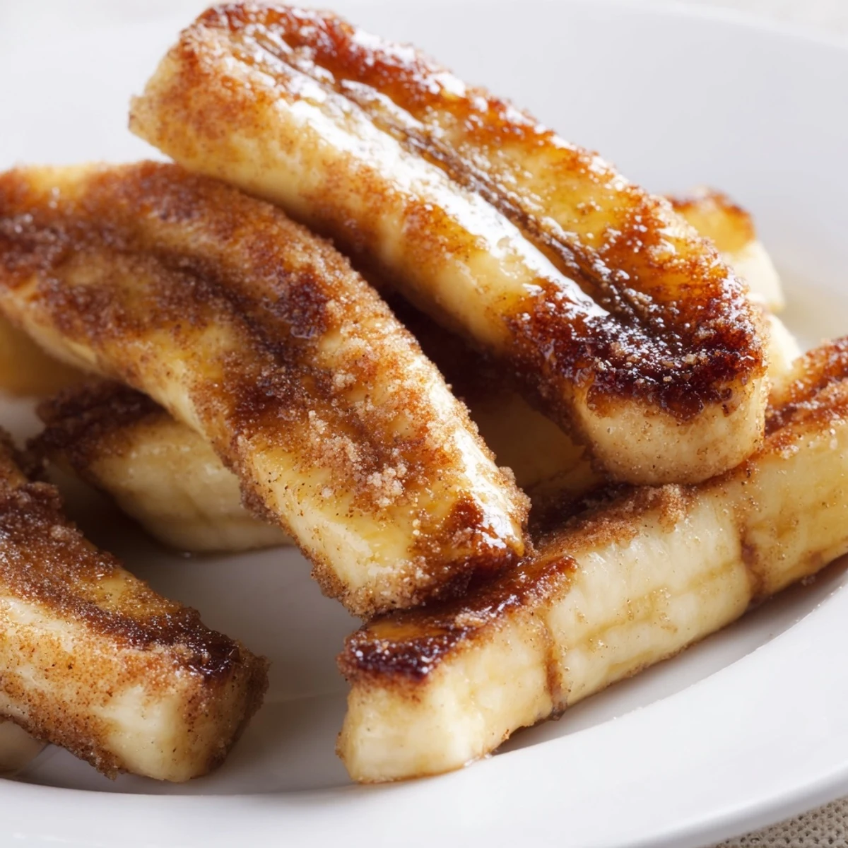 Perfectly browned pan fried cinnamon bananas arranged on a white plate ready to serve