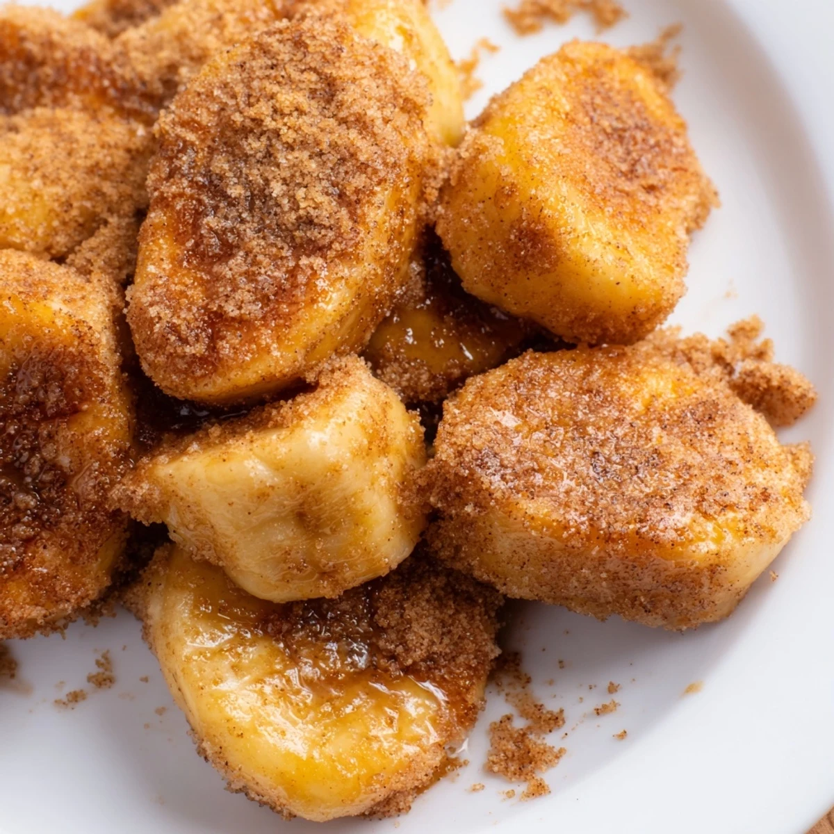 Warm slices of pan fried cinnamon bananas coated in brown sugar and spices