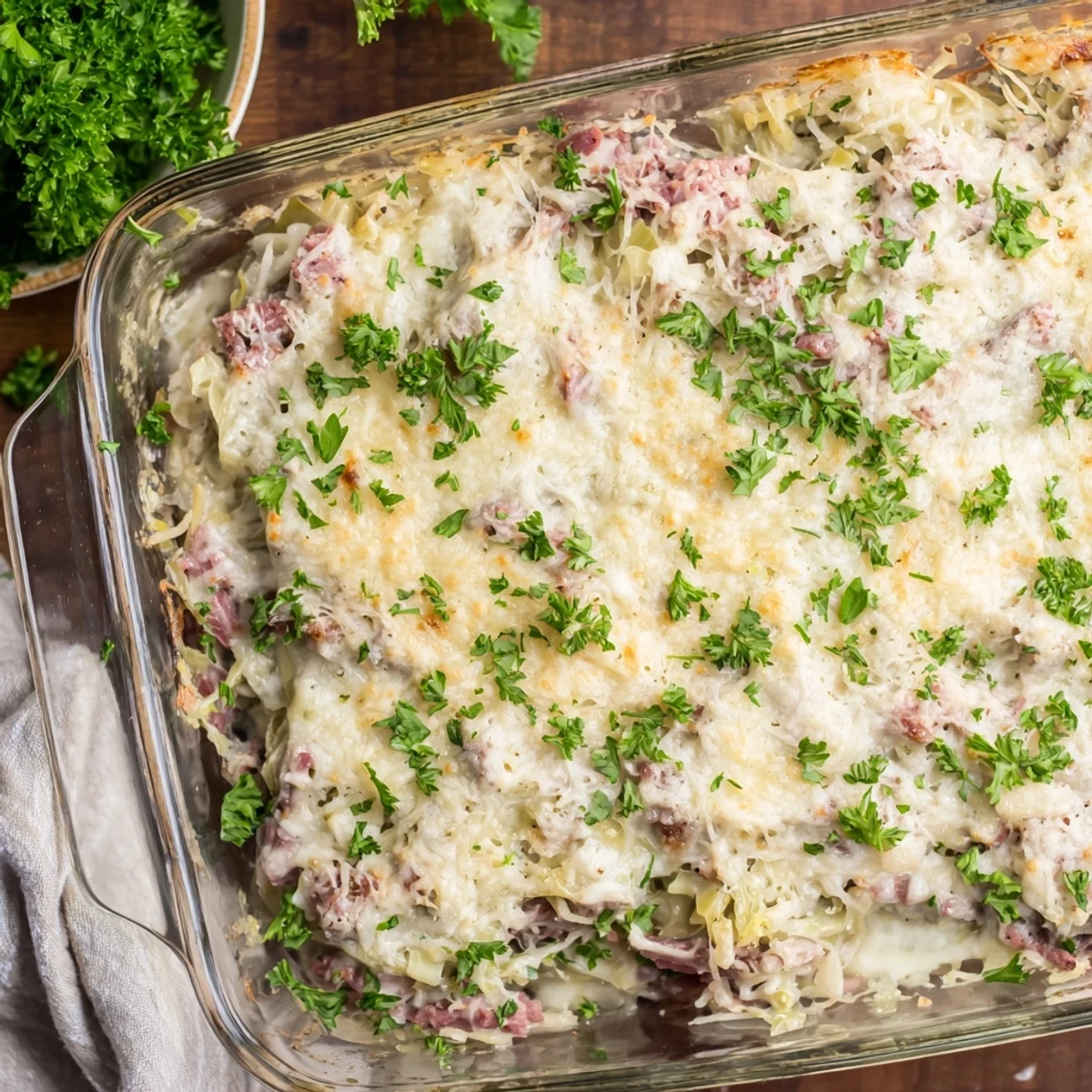 Golden bubbly creamy corned beef cabbage parmesan bake with melted cheese topping