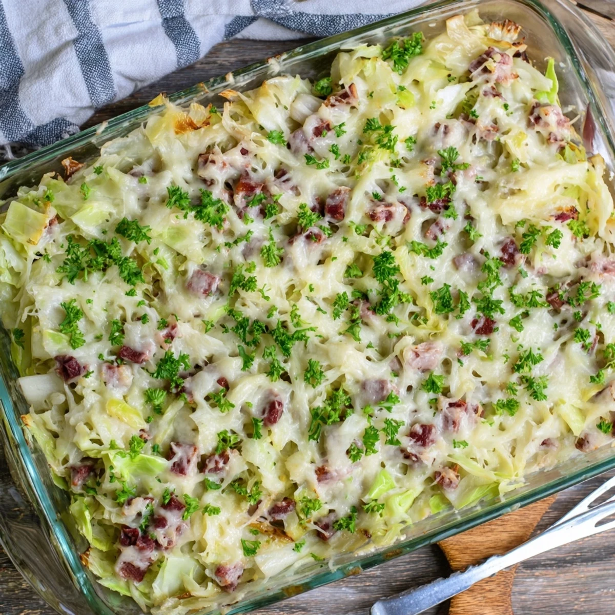 Succulent corned beef and tender cabbage in rich cream sauce baked golden