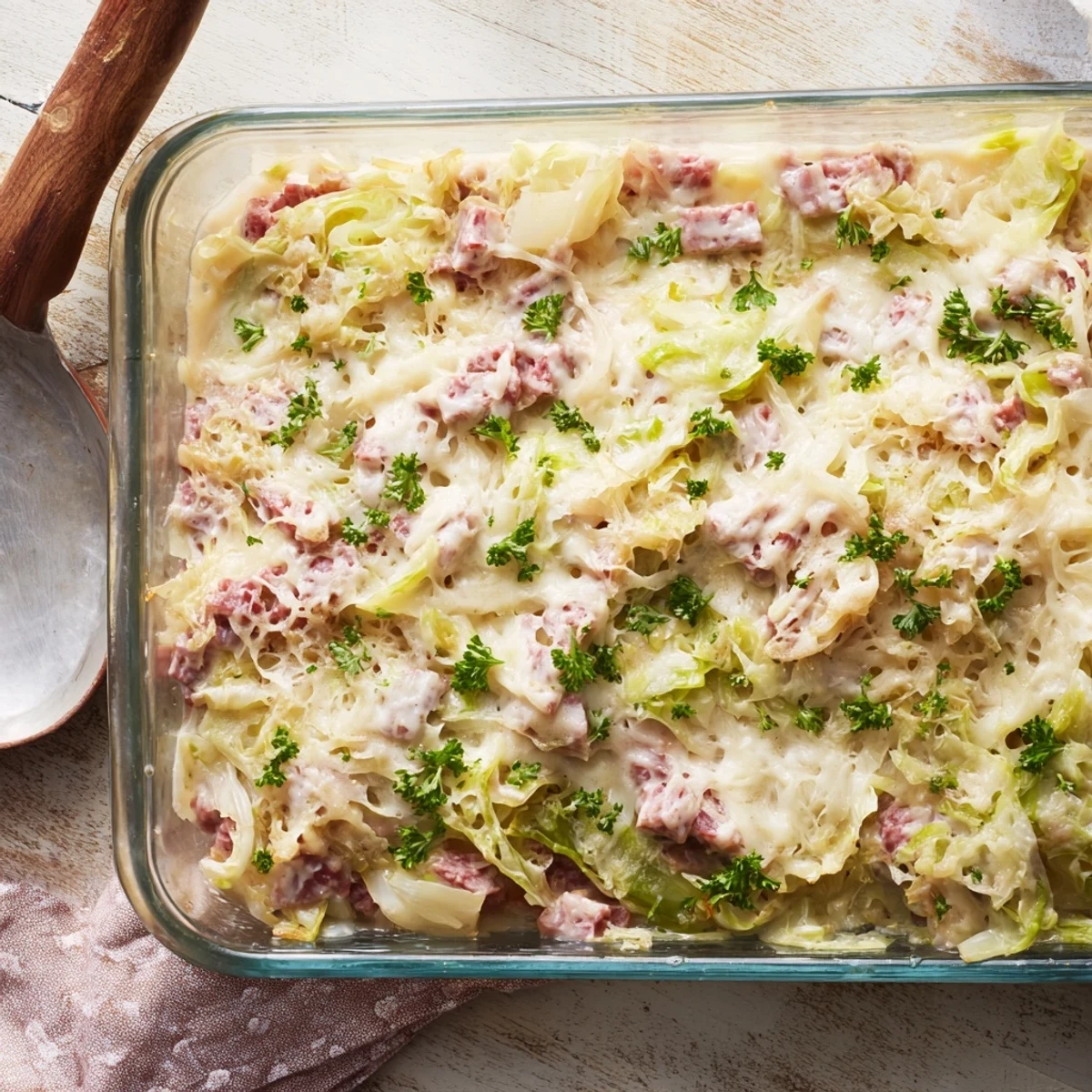 Hearty corned beef cabbage casserole with parmesan crust fresh from oven
