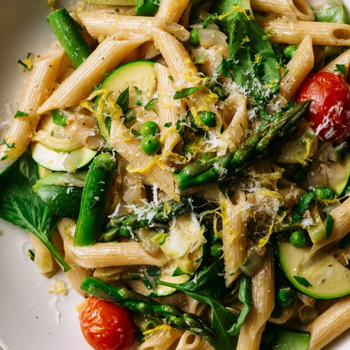 Colorful spring vegetable pasta dish featuring vibrant green snap peas, spinach, and penne cooked in a single skillet