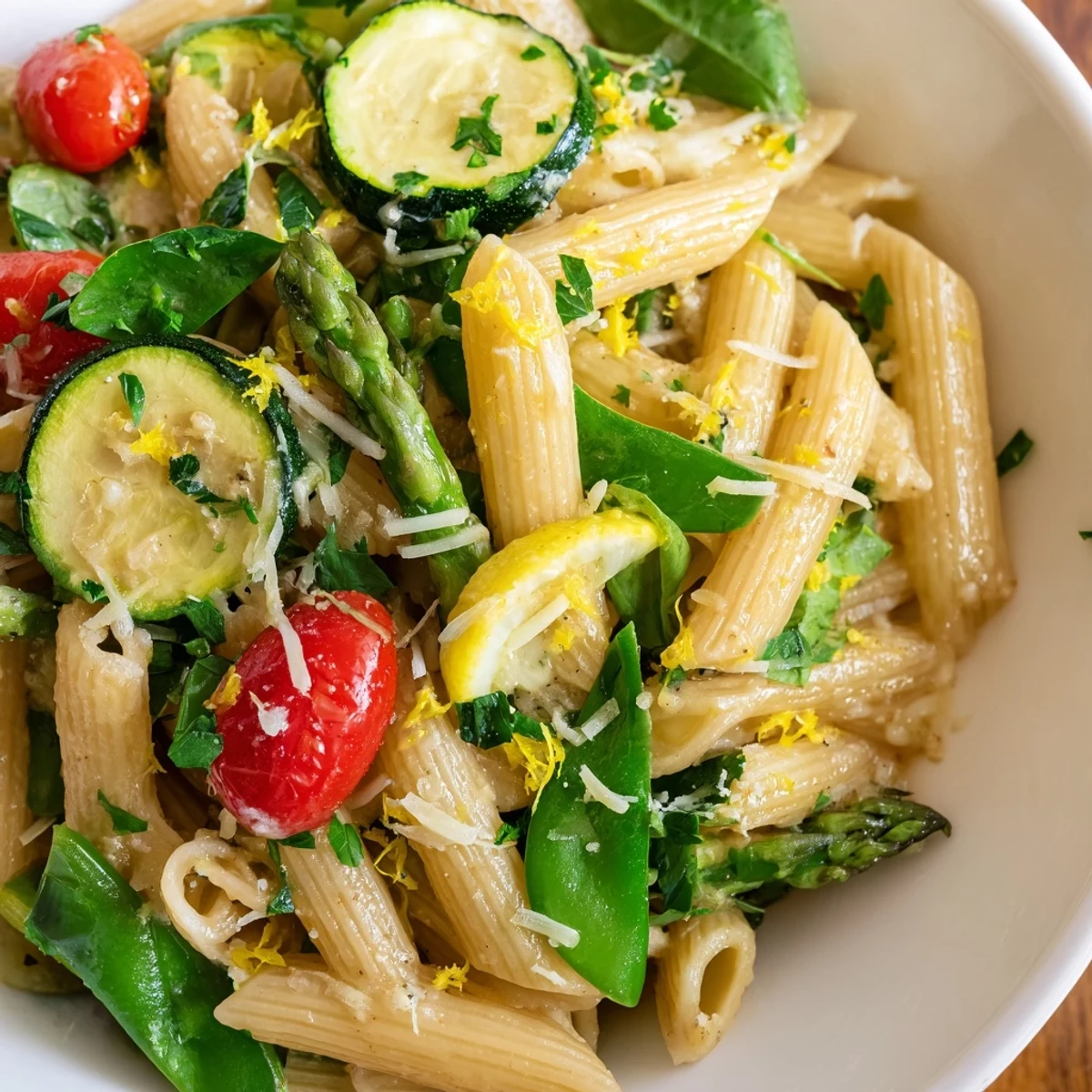 One pot spring vegetable pasta tossed with tender asparagus, zucchini, and sweet cherry tomatoes in a light lemon Parmesan sauce