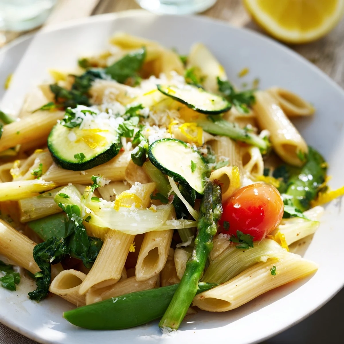 Fresh one pot spring vegetable pasta with garlic leeks, crisp asparagus pieces, and melted Parmesan garnished with basil