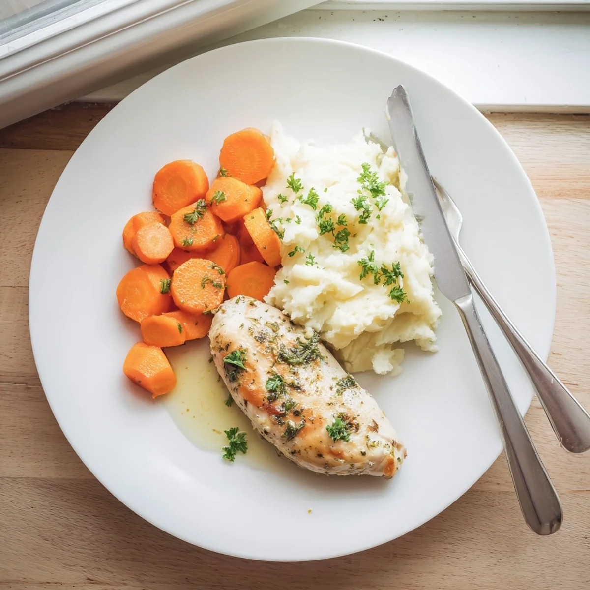 Golden garlic herb chicken breast resting on velvety mashed potatoes with sweet honey glazed carrots