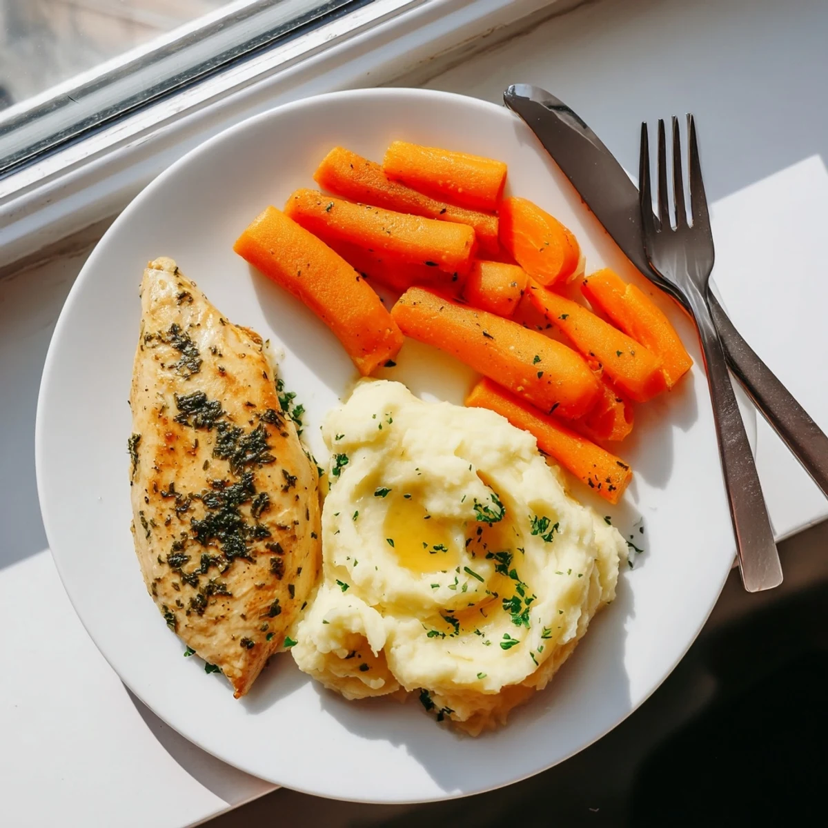 Tender marinated chicken plated alongside creamy buttery potatoes and shiny honey-coated carrot rounds