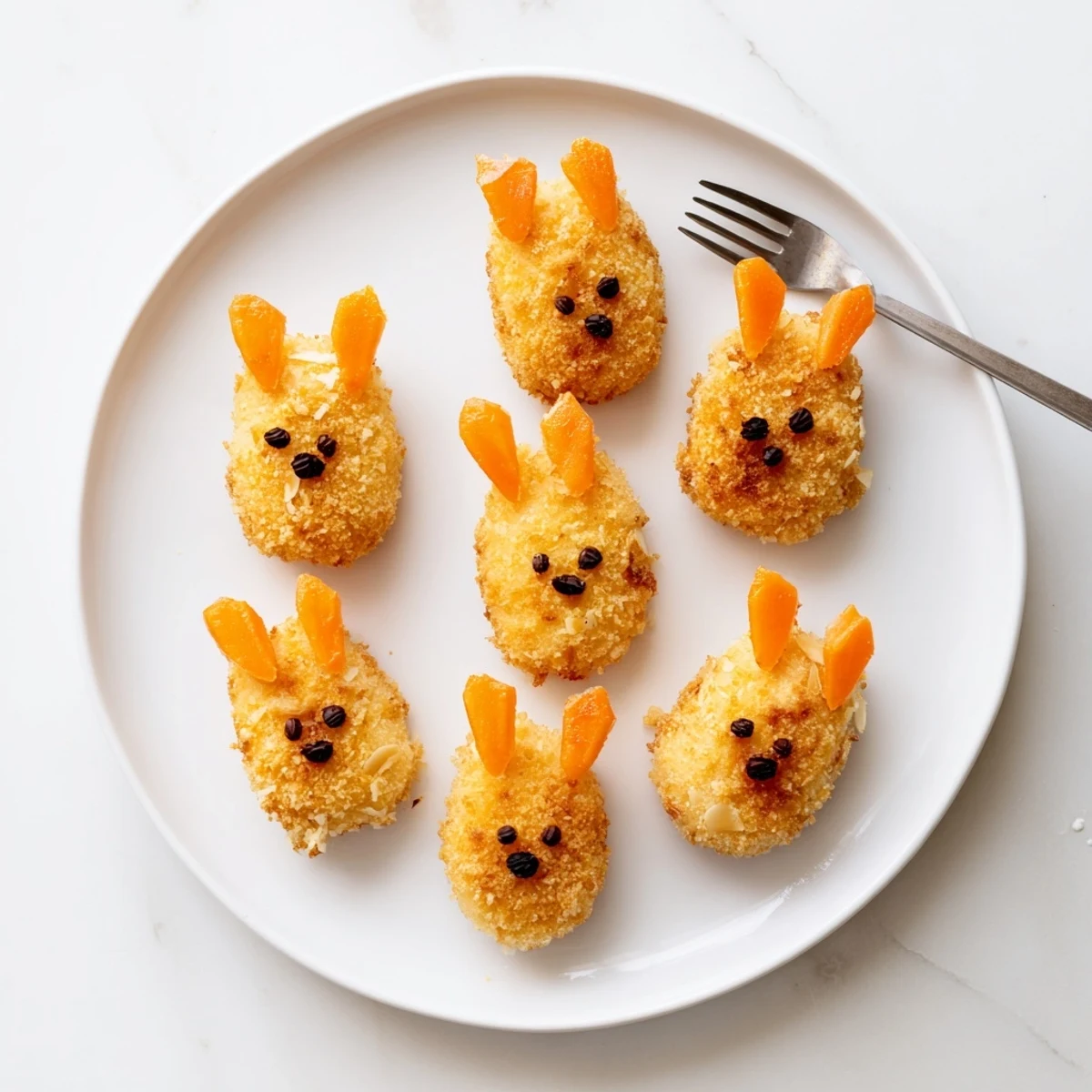 Golden Easter Bunny potato croquettes with almond ears and cute facial features arranged on white serving plate