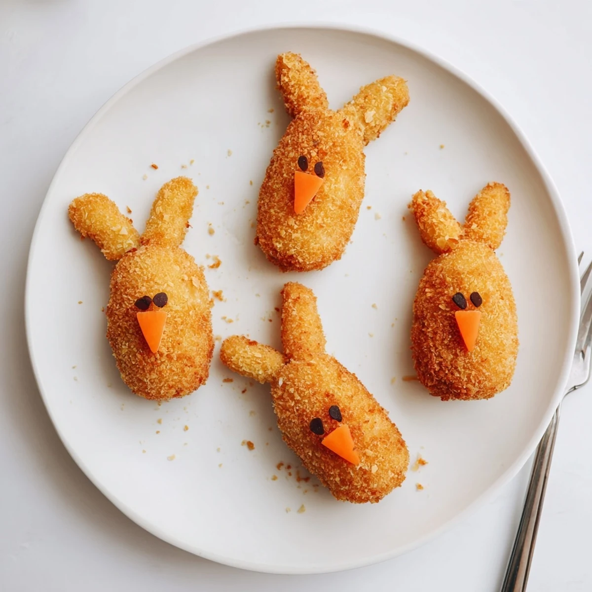 Crispy fried bunny shaped potato croquettes featuring carrot noses and peppercorn eyes served for festive spring appetizer