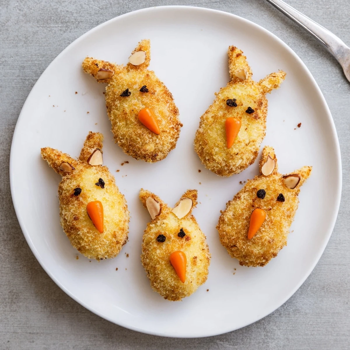 Fluffy mashed potato croquettes formed into adorable Easter bunnies with panko coating and nutty garnishes on platter
