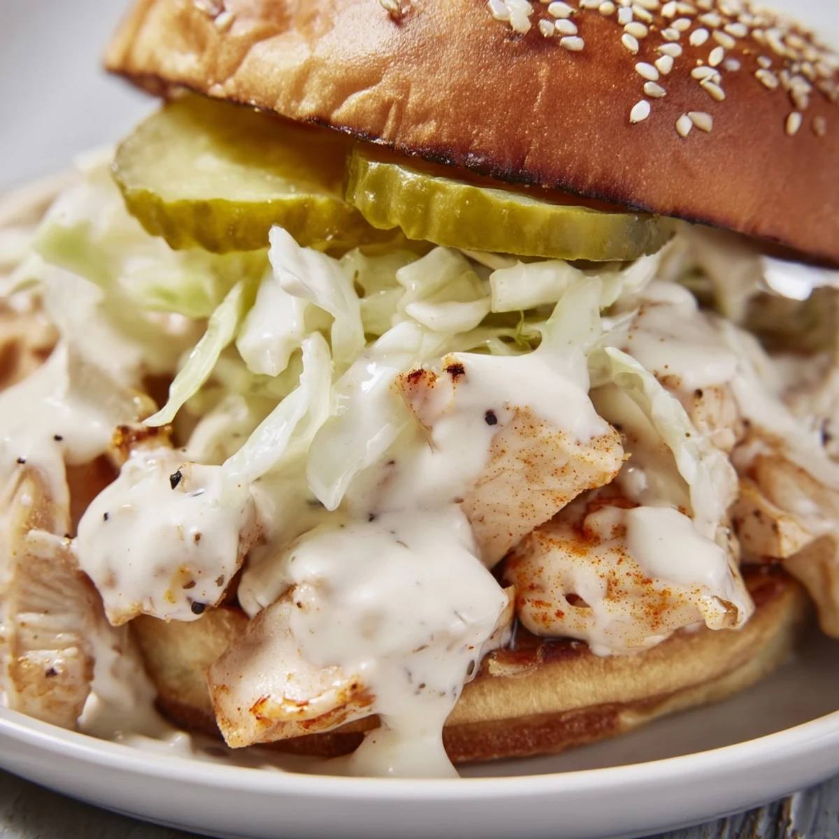 Piled high smoked chicken in tangy Alabama white BBQ sauce topped with crunchy coleslaw