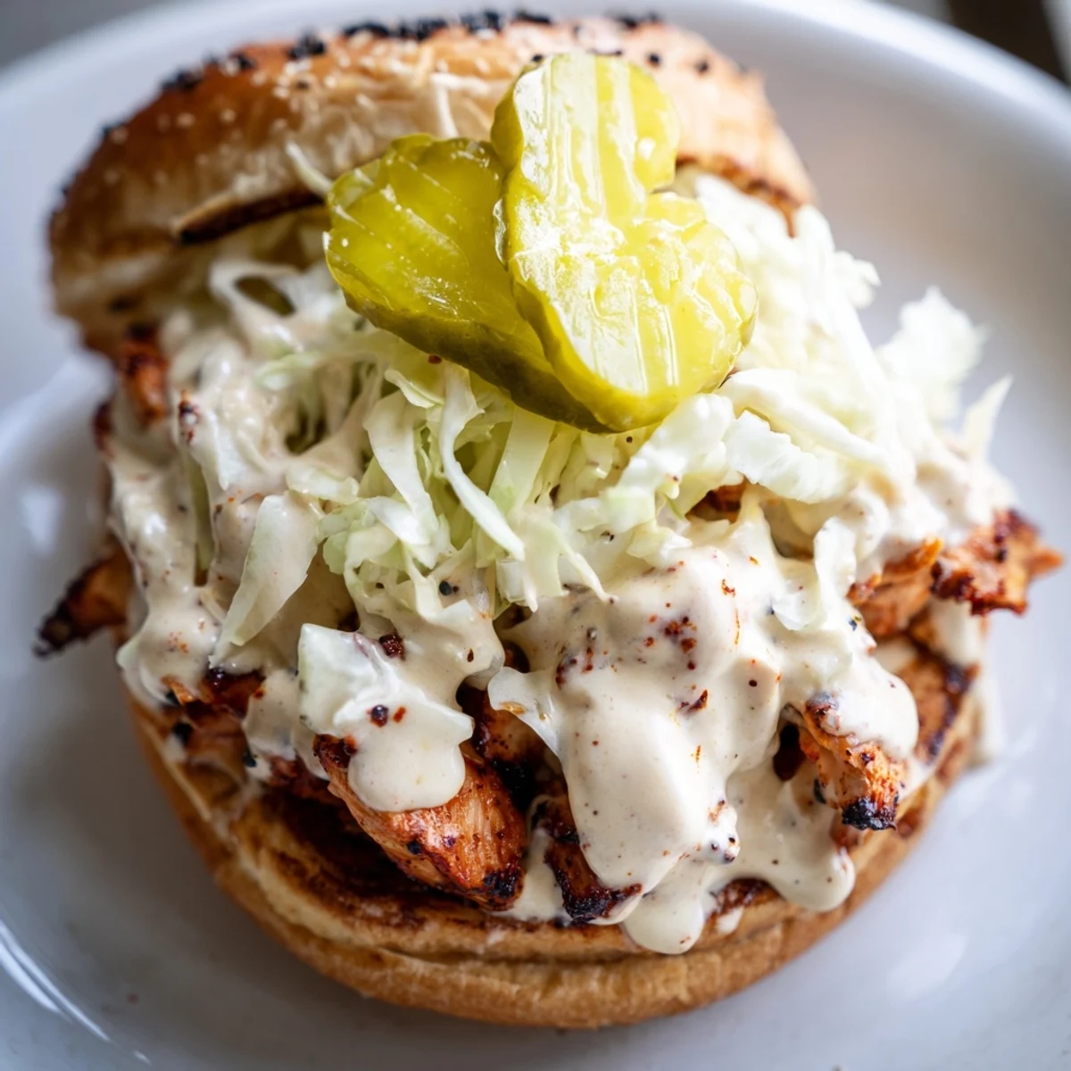 Southern style BBQ chicken sandwich featuring chopped meat dressed in zesty mayonnaise-based white sauce