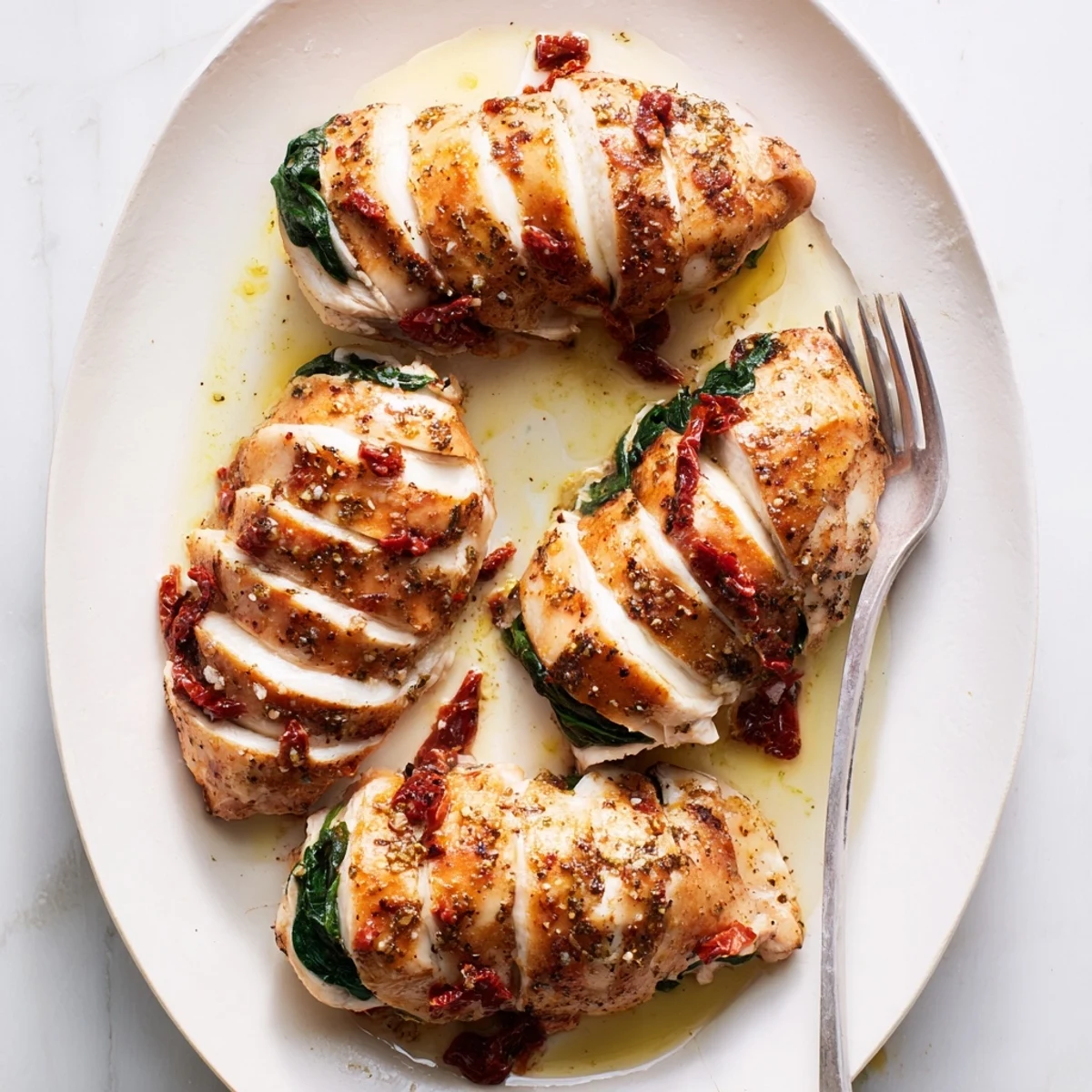 Golden Hasselback chicken breasts stuffed with melted mozzarella, spinach, and sundried tomatoes on a white baking dish