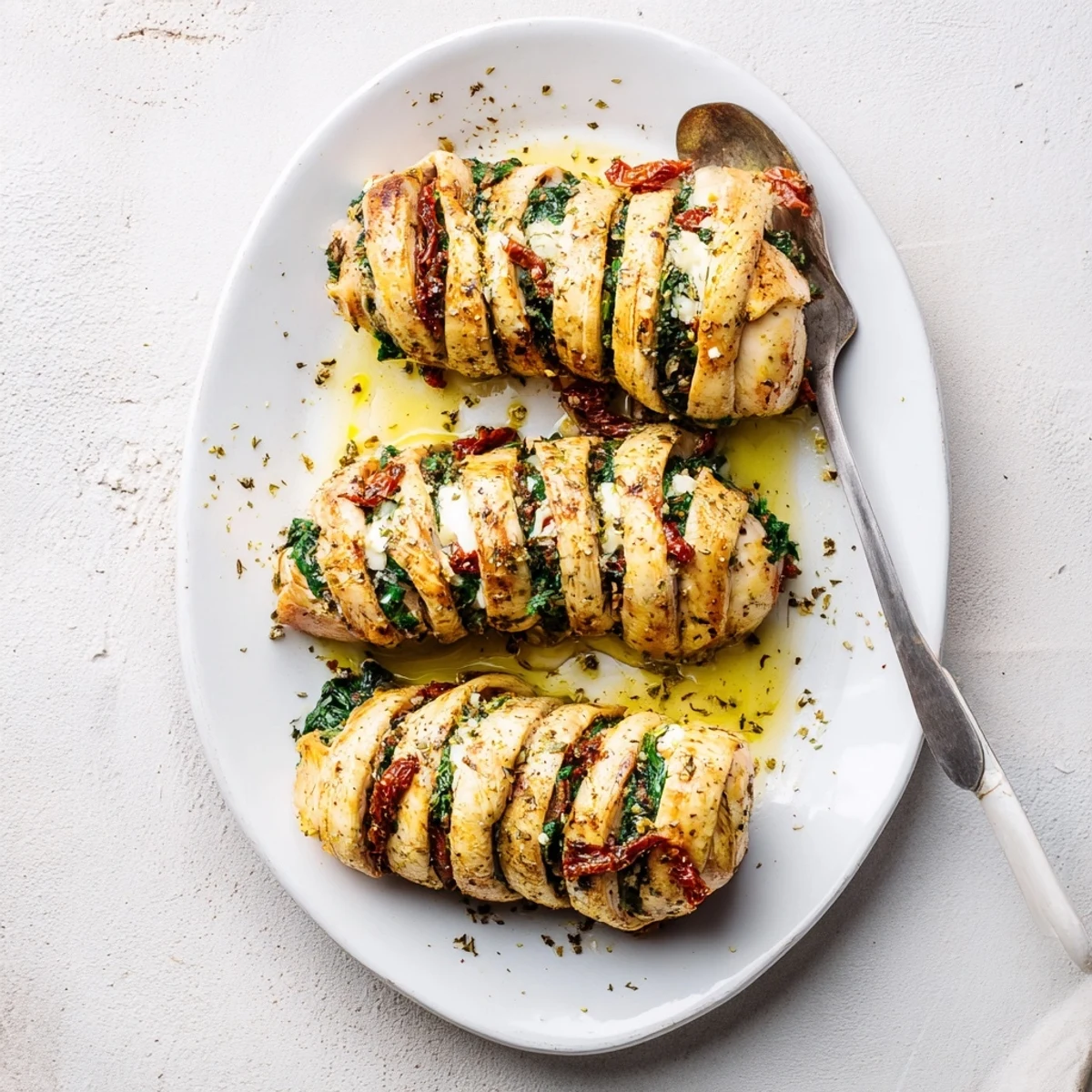 Juicy Hasselback chicken with sliced pockets revealing bubbling cheese, tomato, and spinach filling baked to perfection