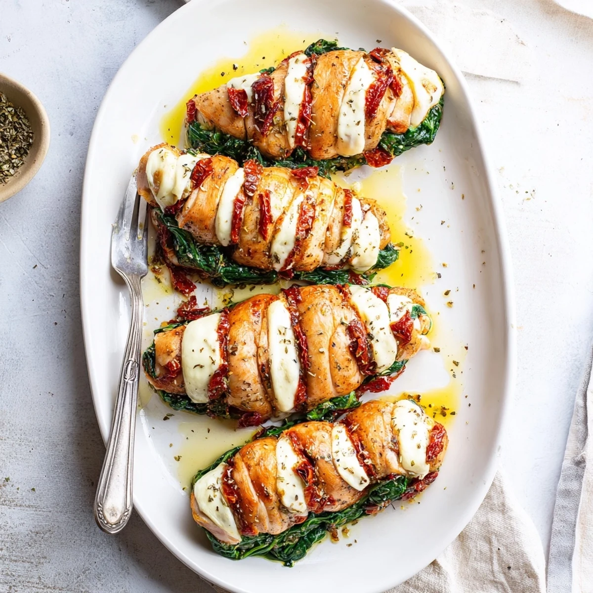 Close-up of Hasselback chicken featuring alternating layers of tender meat and colorful Mediterranean cheese vegetable stuffing