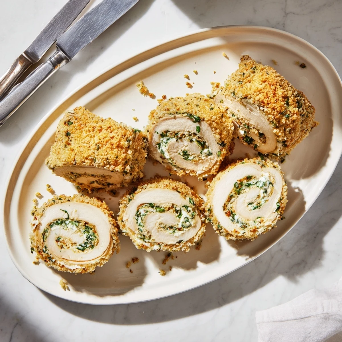 Golden brown herbed ricotta stuffed chicken rolls with crispy breadcrumb topping on white plate