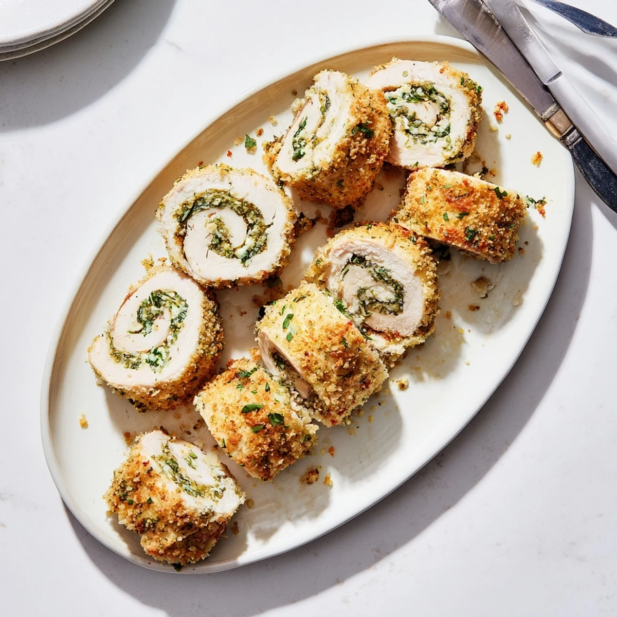 Sliced chicken rolls revealing creamy ricotta and fresh herb filling on wooden serving board