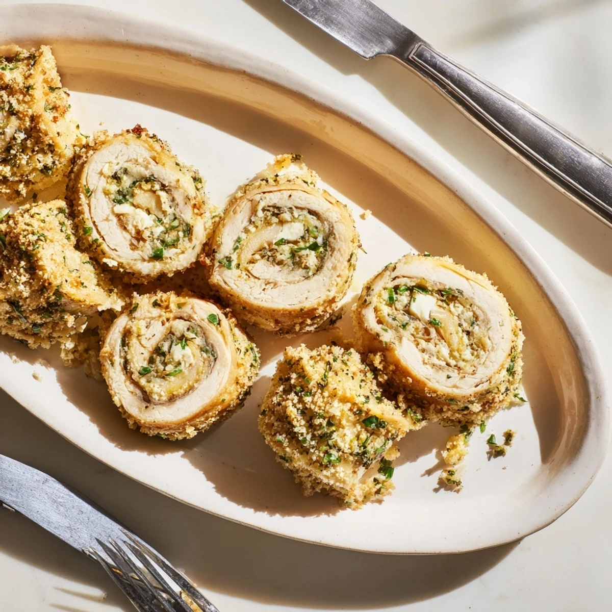 Baked Italian chicken breast rolls stuffed with parmesan ricotta and fresh parsley basil garnish