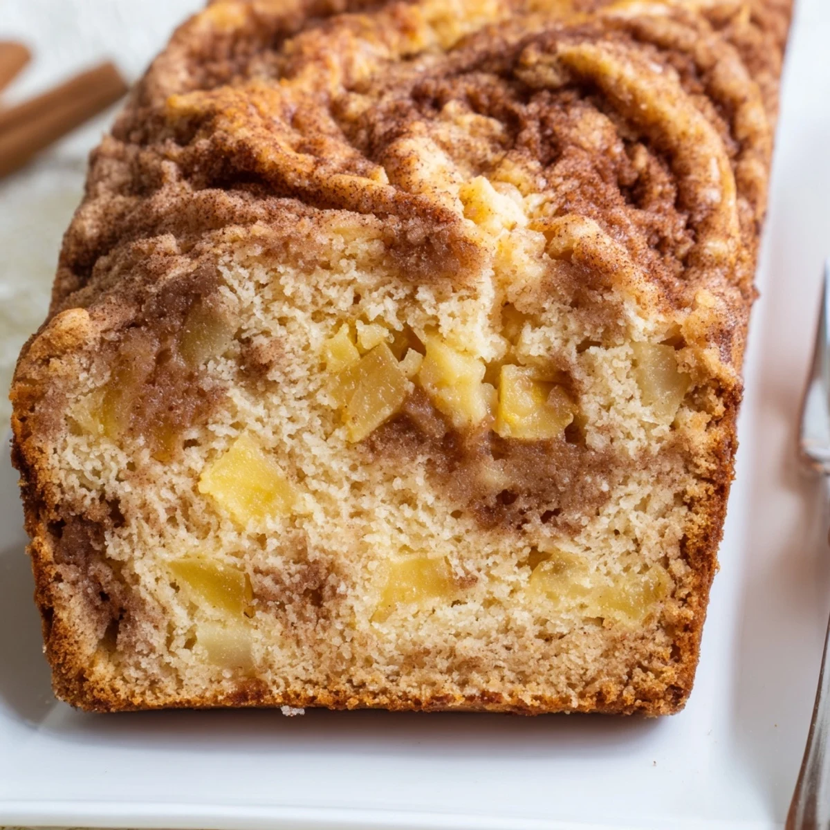 Slice of moist cinnamon apple bread revealing tender apple pieces and warm spice marbling throughout the crumb