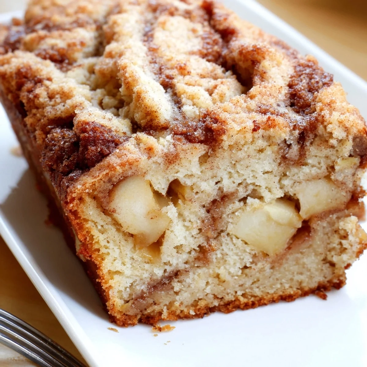 Freshly baked cinnamon apple bread cooling on wire rack with golden brown crust and sugary cinnamon swirl