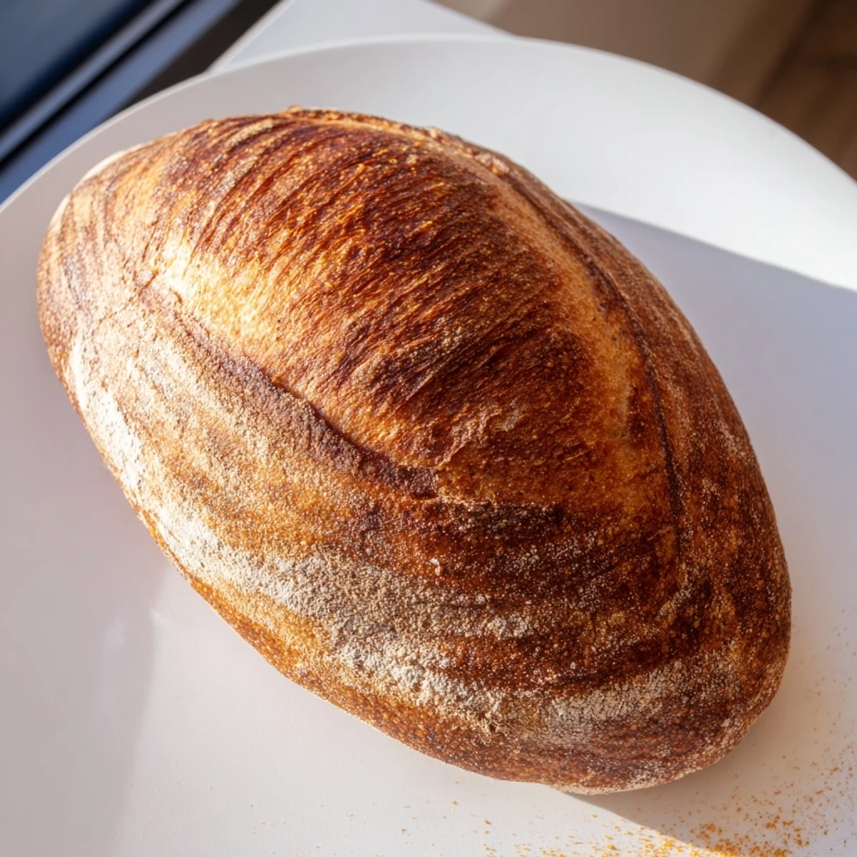 Freshly baked crusty Italian bread sliced thick on wooden board with olive oil