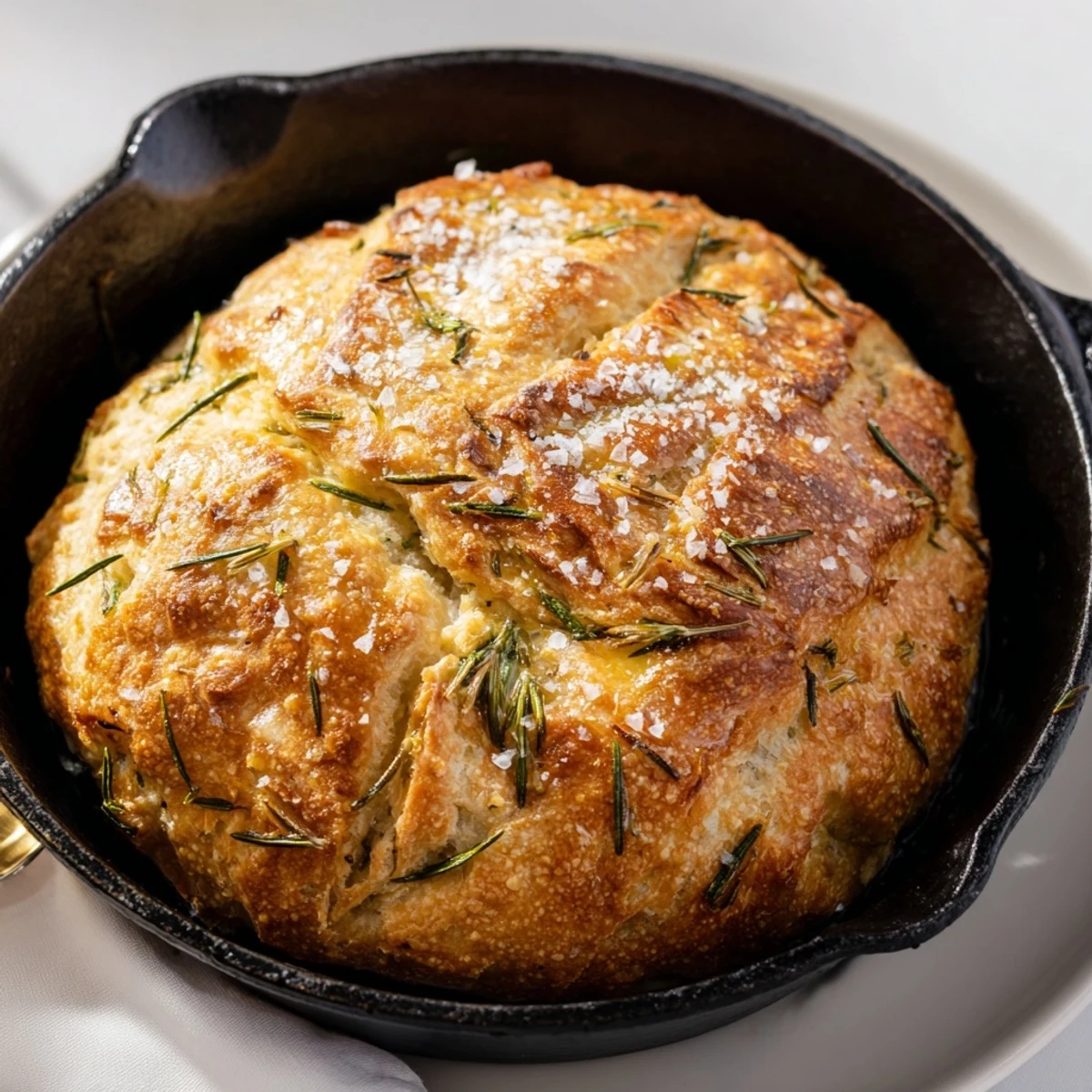 Golden rustic garlic rosemary skillet bread with rosemary sprigs and flaky sea salt topping