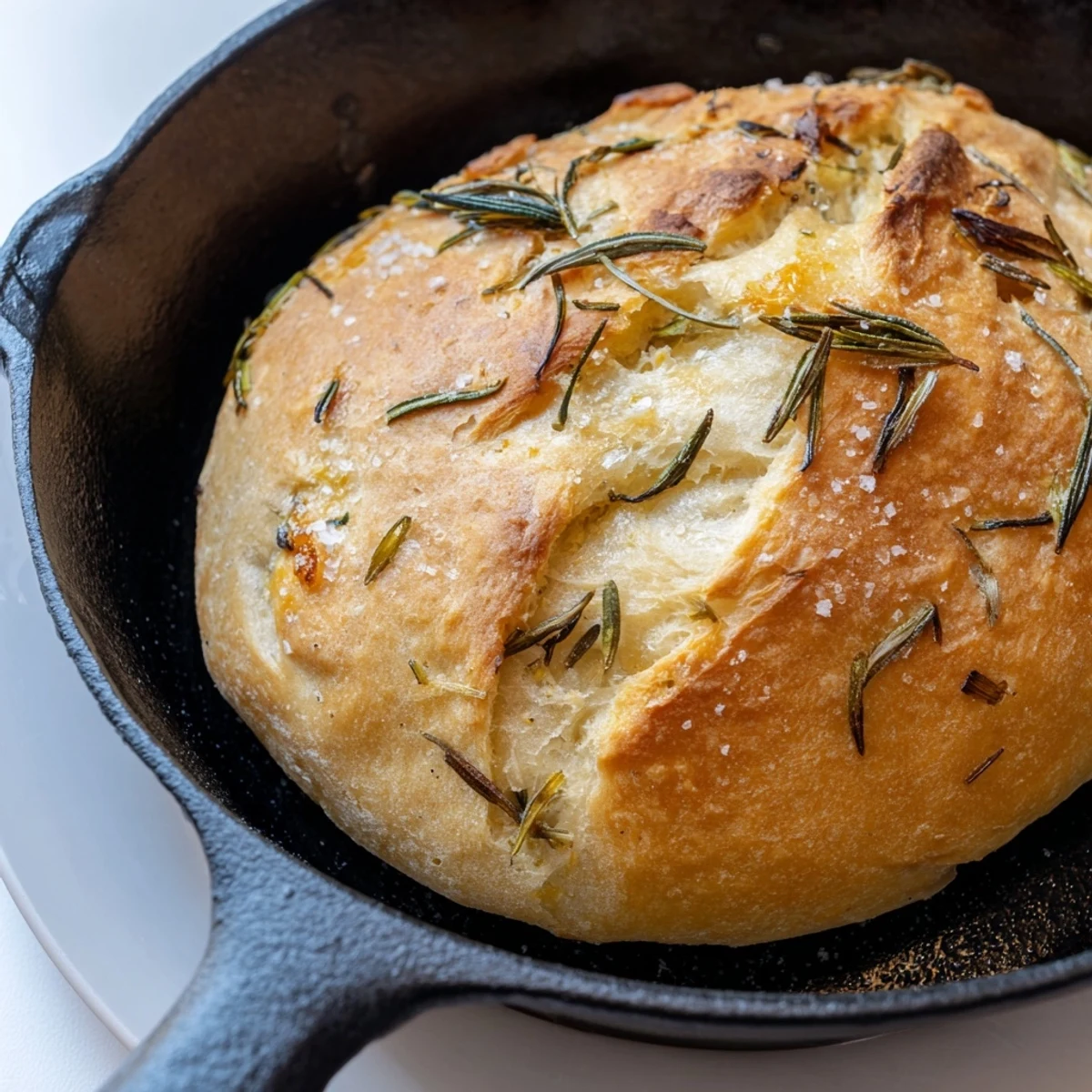 Warm cast iron skillet bread infused with roasted garlic and fragrant fresh rosemary