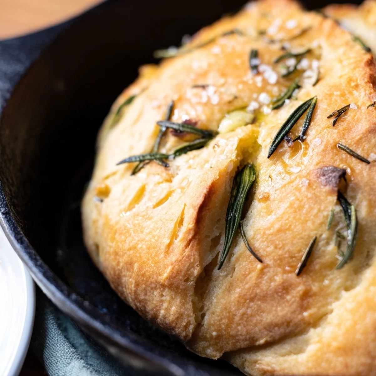 Sliced garlic rosemary skillet bread revealing chewy interior and crisp golden brown crust