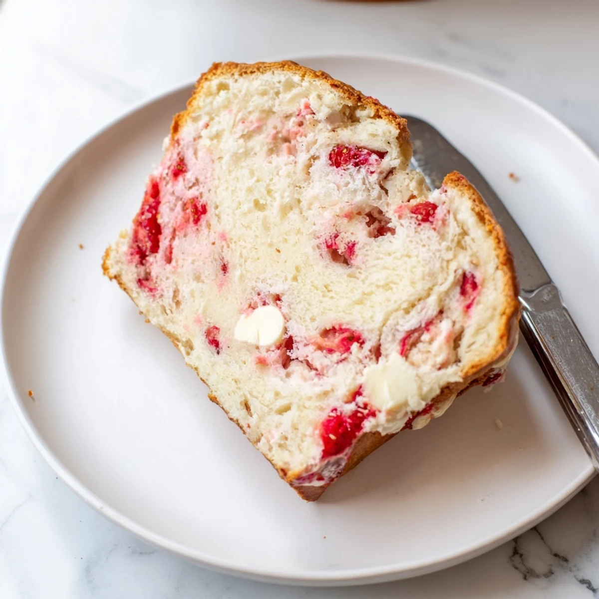 Freshly baked sourdough white chocolate chips strawberry bread cooling on wire rack with golden crust