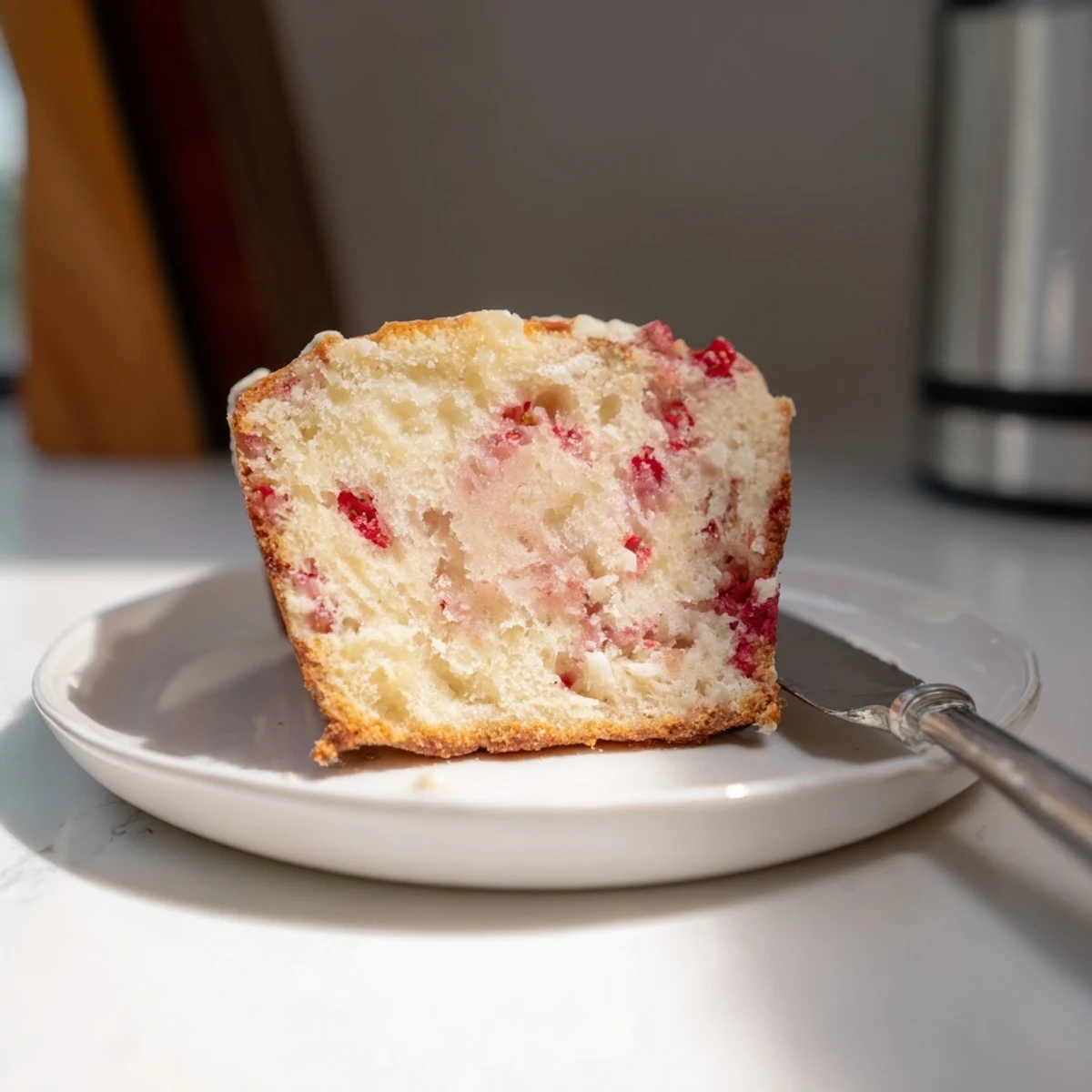 Golden brown sourdough white chocolate chips strawberry bread loaf studded with juicy red berries